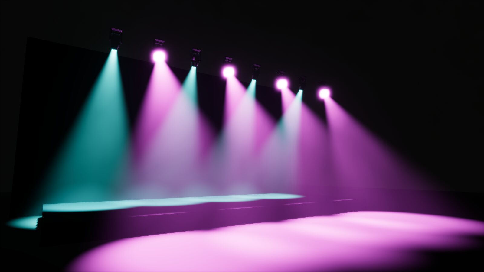 Eight moving heads hung on a bar, crossing cyan and magenta beams through haze over a stage deck