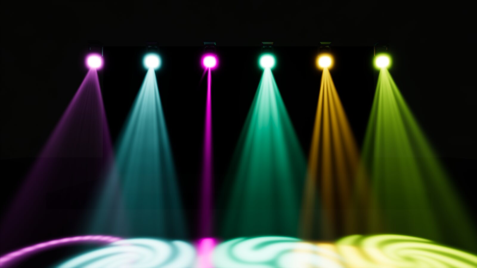 Six moving heads in different colours throwing swirl gobos onto the floor through light haze