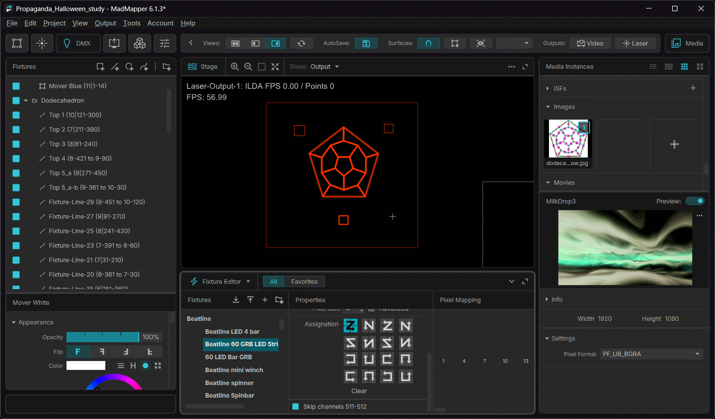 MadMapper showing a dodecahedron rig exported from Beam, flattened to a 2D outline on the stage, with the Beatline fixture library and per-fixture DMX addresses in the fixture list