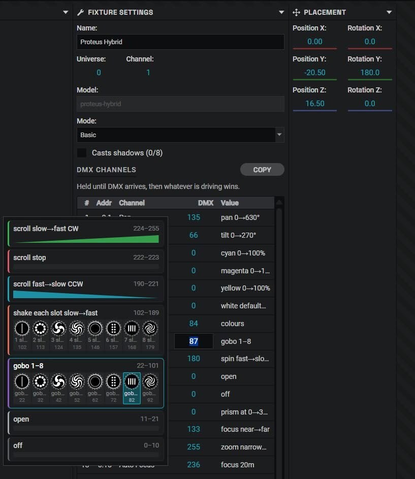 Beam's fixture settings for an Elation Proteus Hybrid, with the range guide open on the gobo channel showing every range and each gobo's picture